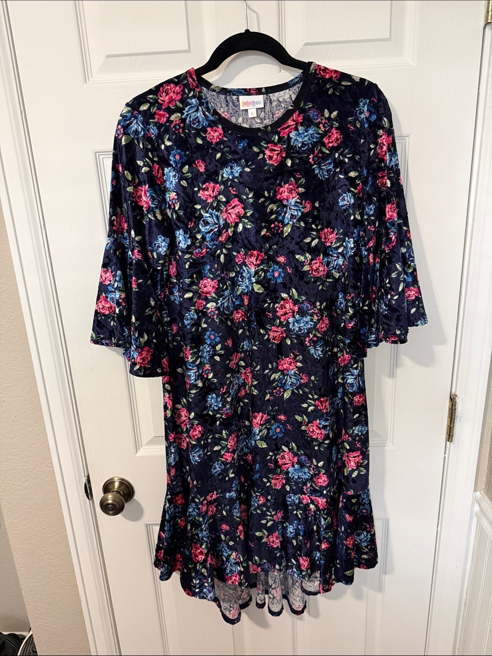LuLaRoe Navy Floral Dress with Pink & Blue Roses